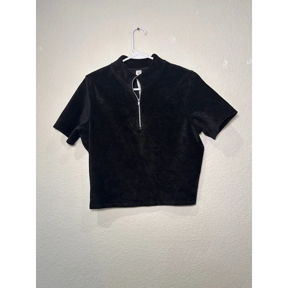 ALO YOGA Corduroy Quarter Zip Cropped Top Black Short Sleeve Size‎ L